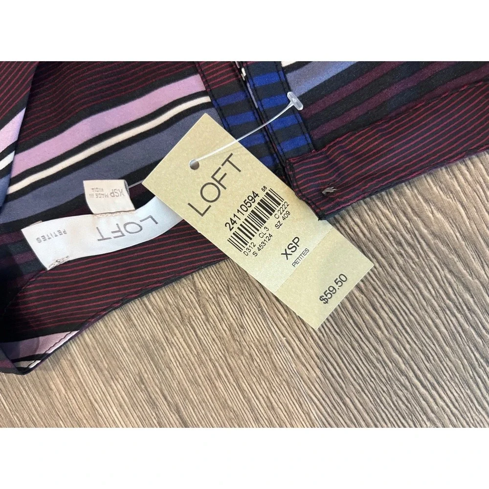 LOFT Petites Striped Long Sleeve Blouse Navy Burgundy‎ XSP 24110594